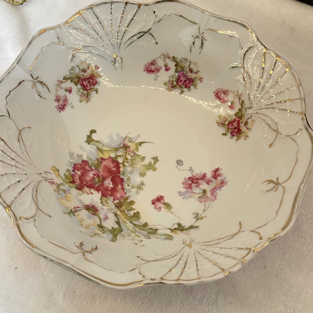 Antique Victorian Floral Porcelain Serving Bowl‎ Gold Gilt Embossed Pink Floral